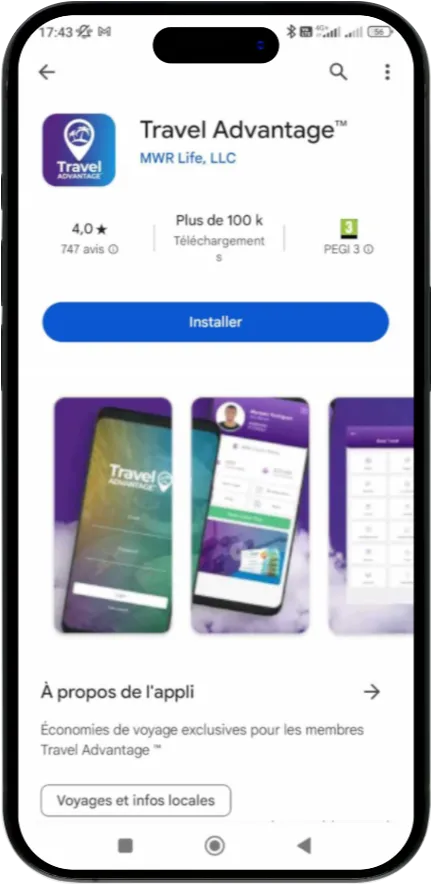 Application TravelAdvantage sur smartphone